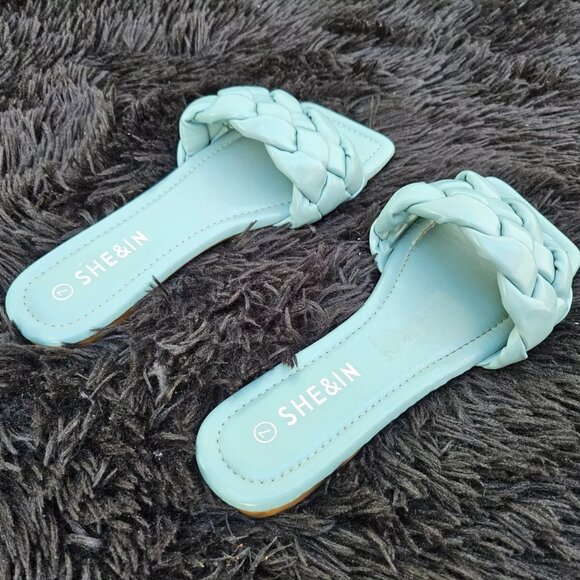 SHE&IN Women Sandal Blue Flat Shoe Faux Leather Shoes Size 7 - Picture 7 of 11